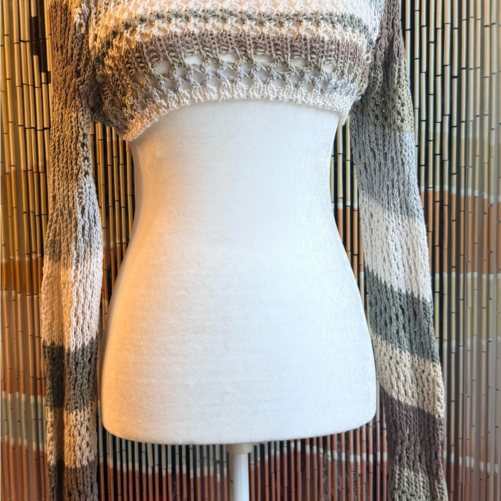 BDG Cropped Off-Shoulder Striped Open-Knit Sweater in Cream, Taupe, Brown